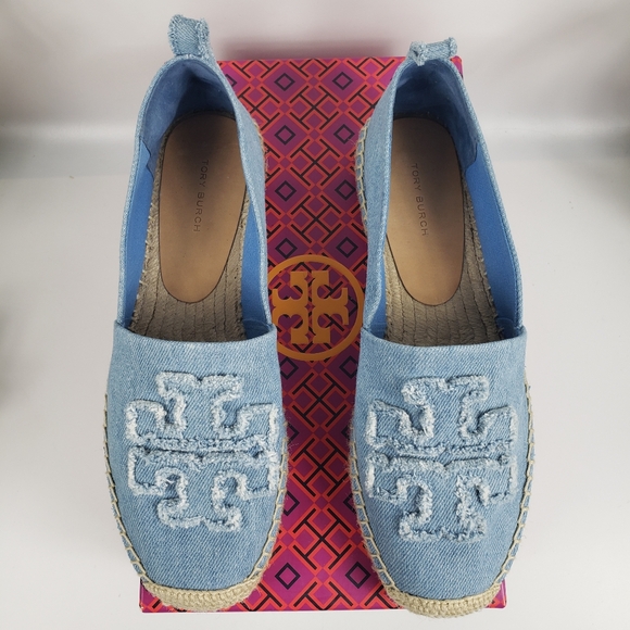 Tory Burch Blue Denim Espadrille Raffia Flat Slipper Double T Chambray sz 8 - Picture 1 of 12